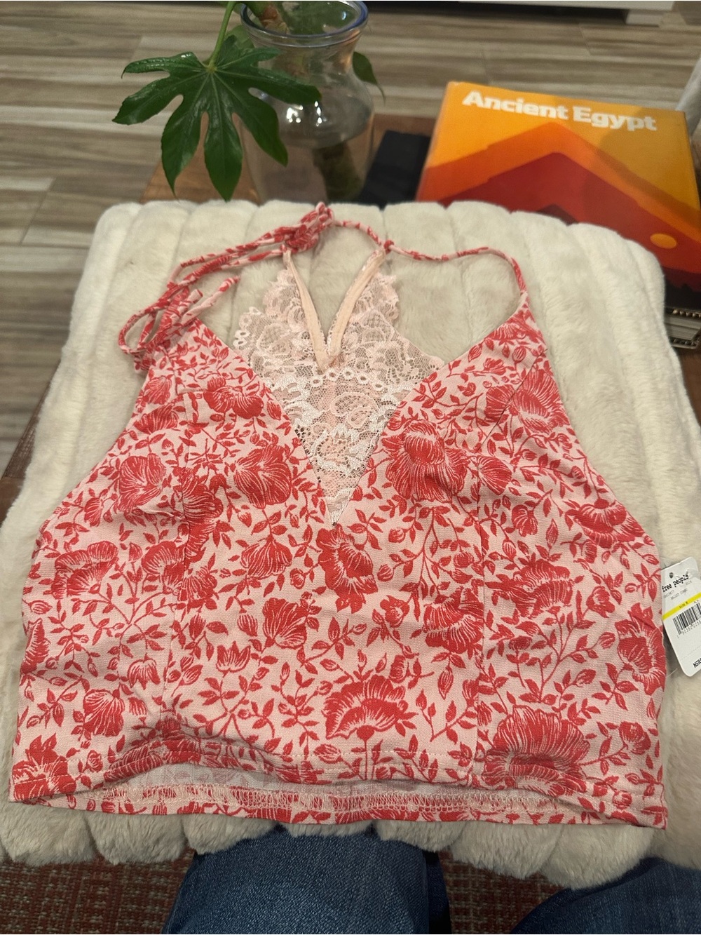 Free people Floral Red & Cream Lace Trim Cami Top
